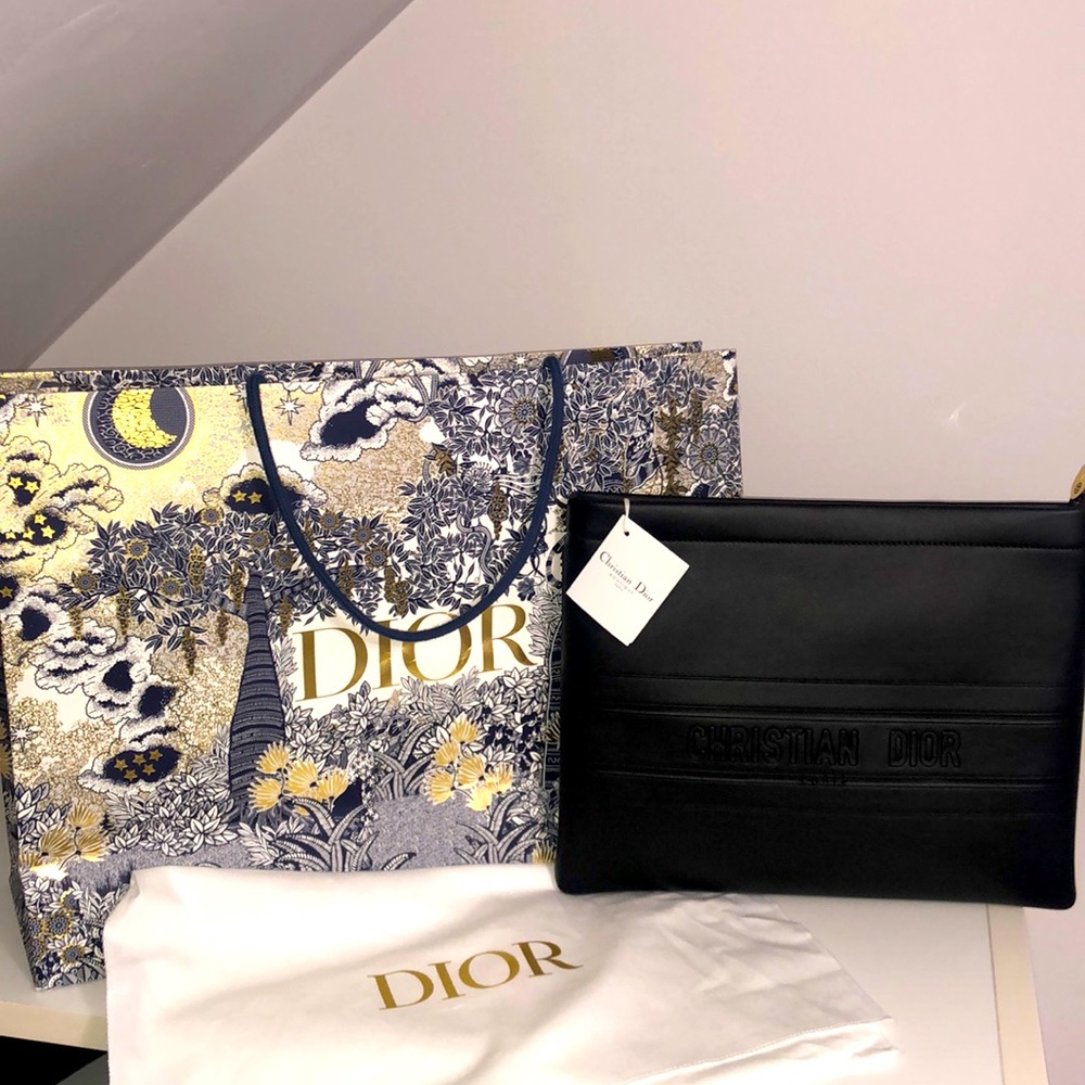 CHRISTIAN DIOR Calfskin Logo Embossed Zip Clutch